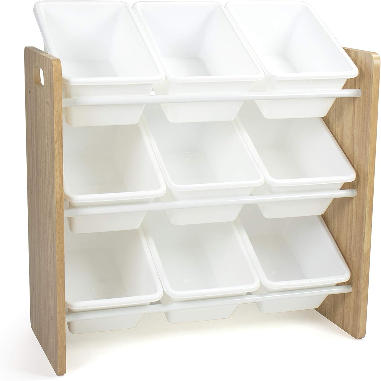 Humble Crew 9-Bin Toy Organizer – Journey Natural Wood with White Plastic Bins, 3-Tier Storage Solution for Kids' Playrooms and Nurseries - NestledHome