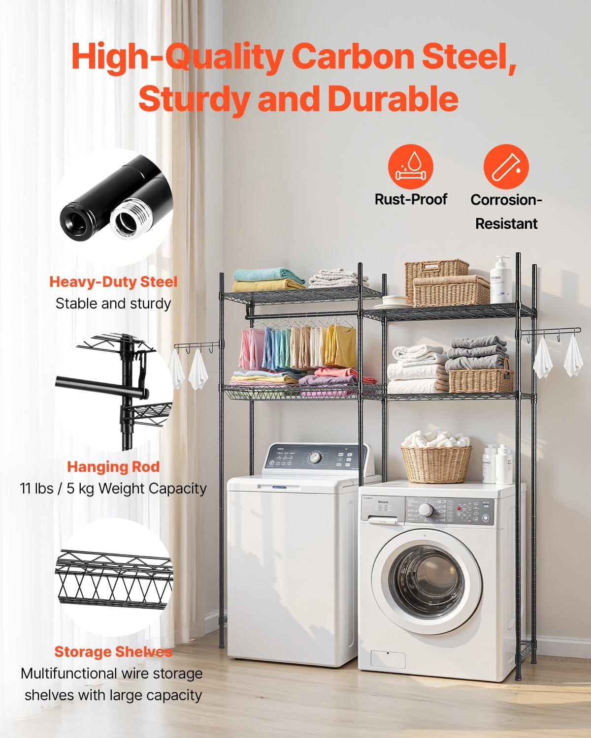 VEVOR Over The Washer and Dryer Storage Shelf, 4 Tier Laundry Room Drying Rack with Hanger Rod and Hooks, Adjustable Over Washer and Dryer Shelves, Laundry Room Shelf Storage Space Saver, Black - NestledHome