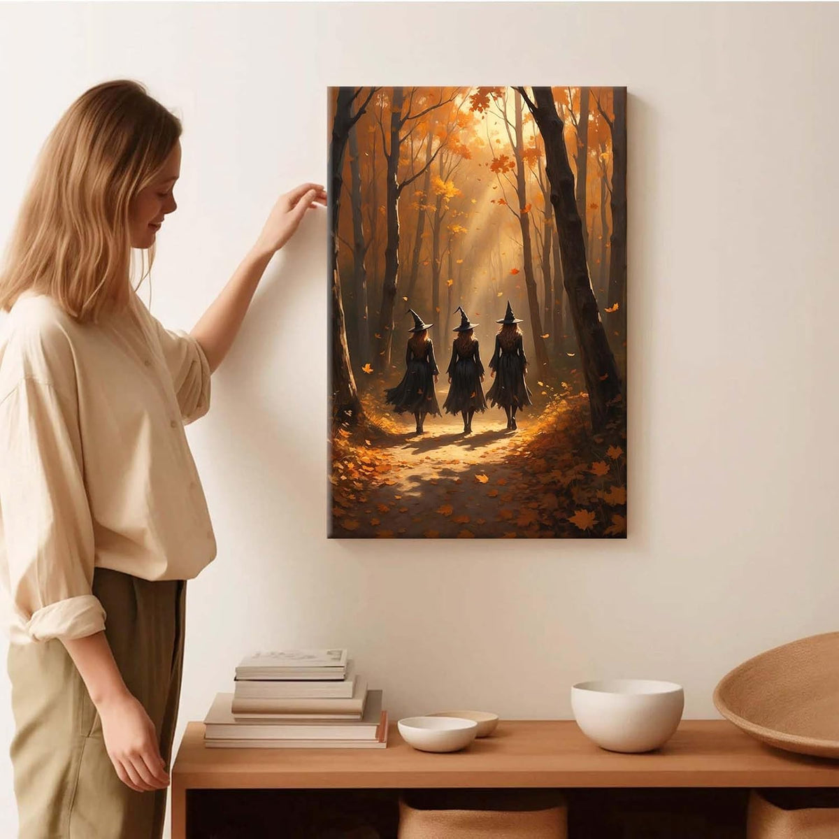JFHCQJPK Three witches walking in the forest in autumn canvas painting gothic poster halloween print country witch wall art for home decoration12x16in Frameless