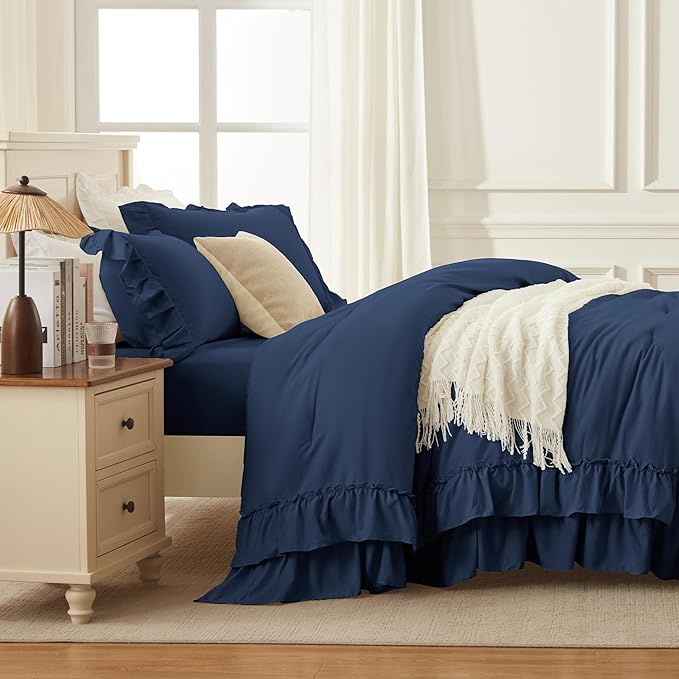 Andency Navy Blue Full Size Comforter Set (79x90Inch), 3 Pieces Farmhouse Shabby Chic Ruffle Bedding Comforter Sets, All Season Soft Lightweight Microfiber Bed Set