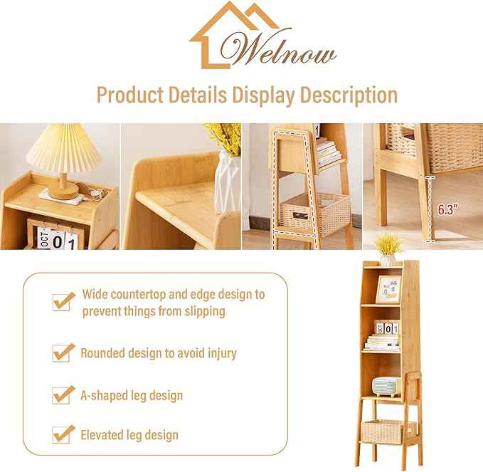 Welnow Bamboo Bookcase with Cabinet, Natural End Table with 3-Tier Storage Shelf, Modern Bedside Organizer Side Table for Bedroom or Living Room, Wood Bookshelf with Open Space