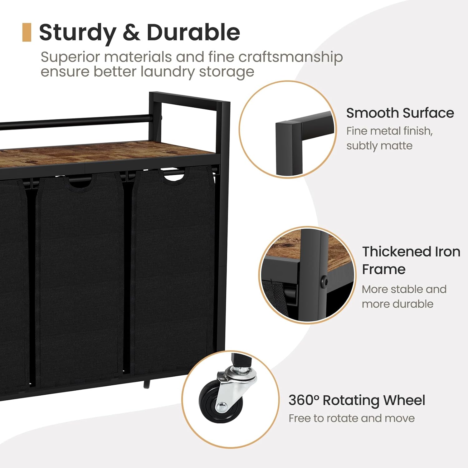 Laundry Hamper, Laundry Basket, Laundry Sorter with 3 Removable Bags, Clothes Basket with 3 Compartments, Wheels, Shelf for Laundry Room Bathroom Bedroom (3 Bags-Black) - NestledHome