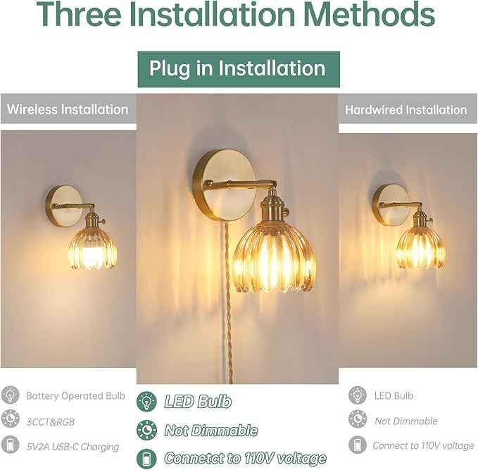 Plug in Wall Sconce, Amber Tulip Glass Lampshade Wall Light Plugin Corded for Bedside Bedroom Doorway