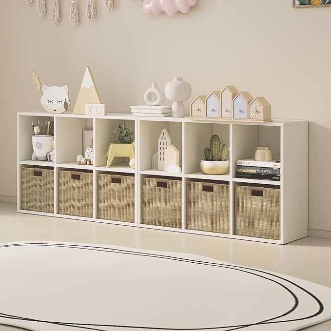 Wood Cube Storage Organizer Closet Cabinet for Living Room Bedroom Study Shelf Bookcase Wooden Floor Standing Open Bookshelf for Kids Home Office Display Storage Cabinet (White, 6-Cube, 11.81in)