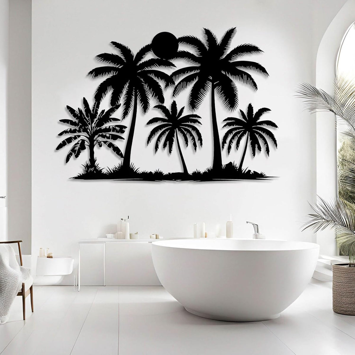Tuglona Metal Palm Tree with Sunset Wall Decor, Tropical Palm Tree Metal Wall Art, Tropical Wall Decor, Sun Wall Art, Beach Wall Decoration, Coastal Trees Wall Hanging (Black, 53"x37"/135x93cm)