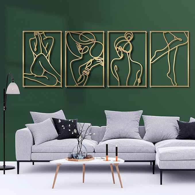 Glamativity 4 Pack Minimalist Wall Art, Real Metal Abstract Wall Art (Woman's Body Shape, Gold Elegant Style, M Size 17 x 11.8'')