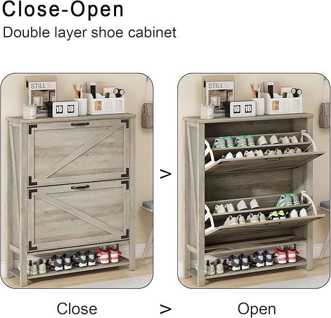 Vabches Shoe Storage Cabinet, Farmhouse Freestanding Organizer with 2 Flip Drawers, Wooden Hidden Narrow Slim Shoe Rack Cabinet for Entryway, Hallway, Foyer, Grey