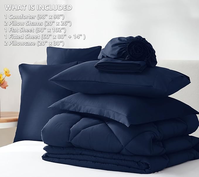 CozyLux Oversized Queen Comforter Set Navy Blue, 7 Pieces Bed in a Bag Comforter Set with Sheets Luxury Bed Set All Seasons, Bedding Set with Down Alternative Comforter, Sheets, Pillowcases & Shams
