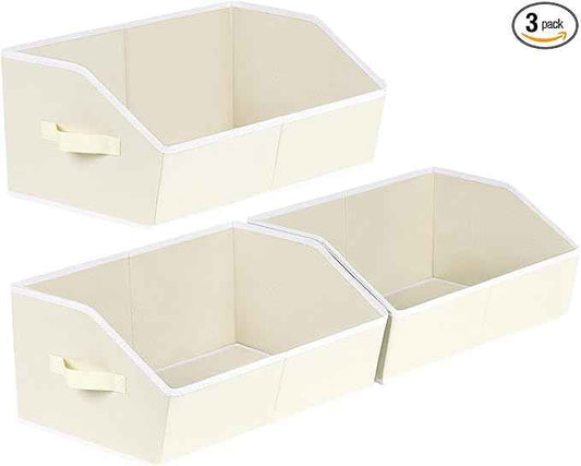 Trapezoid Closet Shelf Organizer - Large Baskets for Organizing, Fabric Storage Box for Shelves, Cube Storage Bins for Clothes, Books, Blankets, 3 Pack, Beige