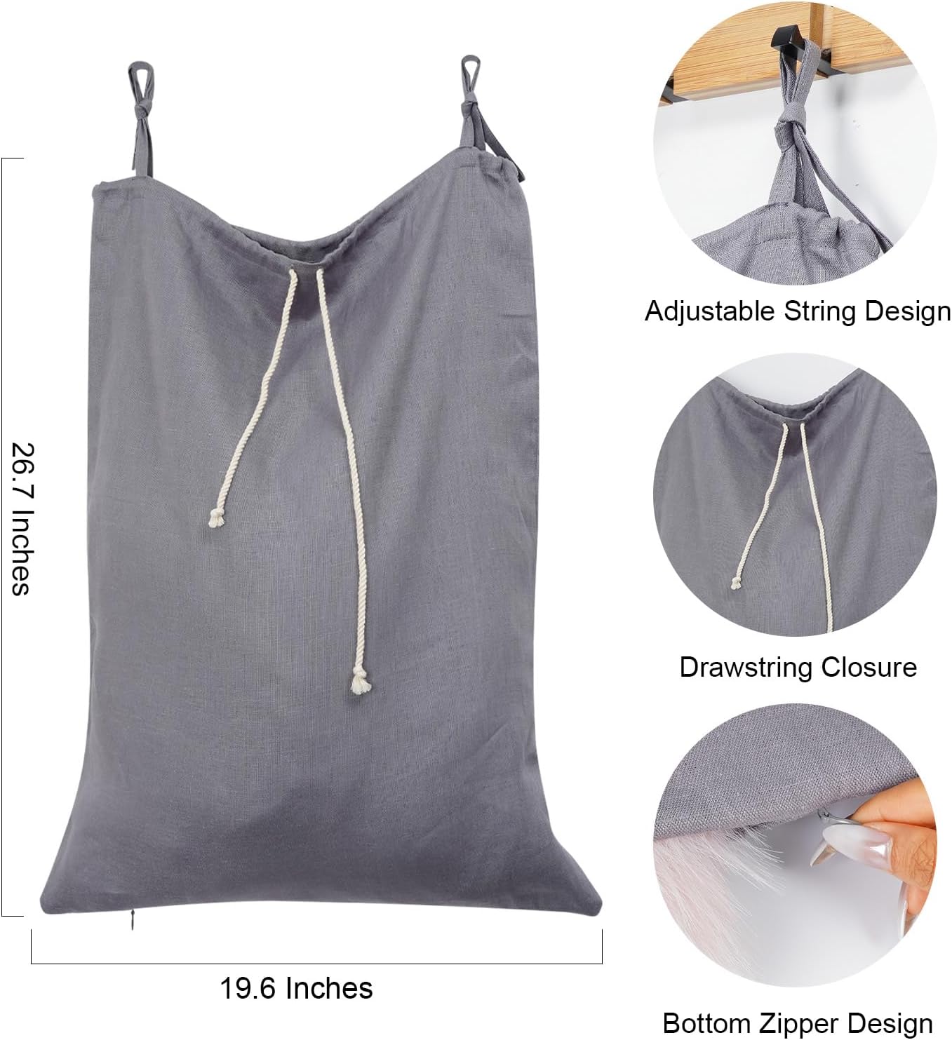Linen Hanging Laundry Bag, Over The Door Laundry Hamper for Dirty Clothes, Drawstring Closure with Bottom Zipper, Gray - NestledHome