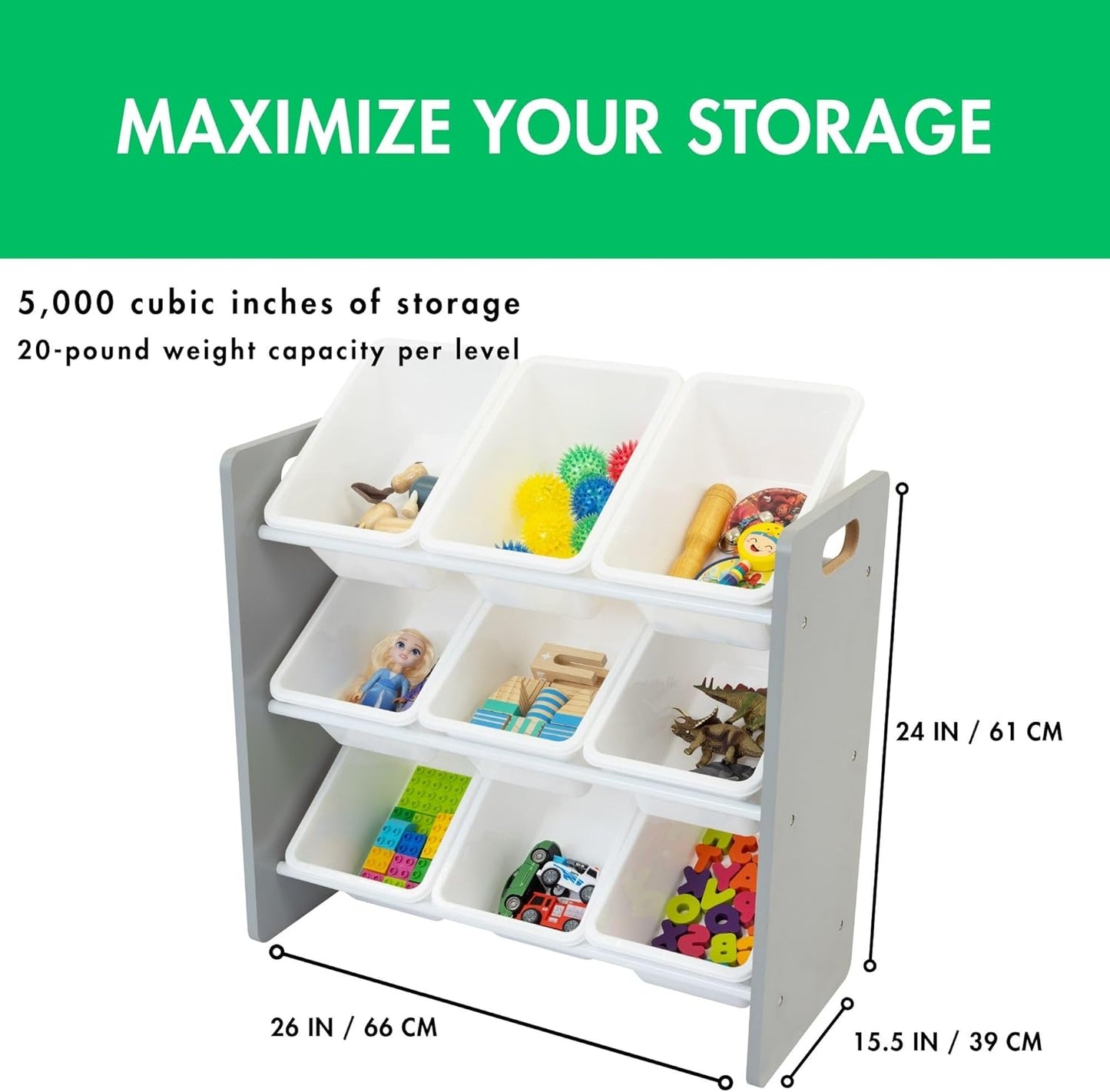 Humble Crew 9-Bin Toy Organizer – Inspire Grey with White Plastic Bins, 3-Tier Storage Solution for Kids' Playrooms and Nurseries - NestledHome