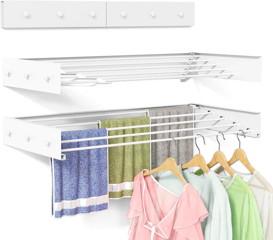 Wall Mounted Drying Rack for Laundry 31.5'', Folding Drying Rack Clothing Wall Mount with 5 Rods and 6 Hooks, Space Saving for Indoor Outdoor Bathroom Balcony (White, 31.5'') - NestledHome