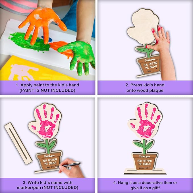 DIY Mothers Day Handprint Flower Pot Craft Wooden Hanging Sign, Baby's First Mothers Day Flower Handprint Keepsake Gift, Unique Gifts for 1st New Mom Crafts from Kids Foot Prints for Grandma Mom Mommy
