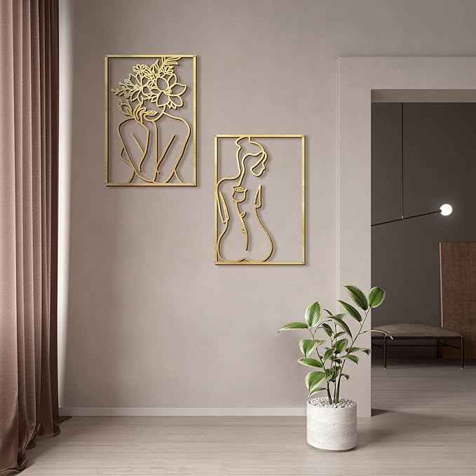 Glamativity 4 Pack Gold Wall Art Decor, Minimalist Single Line Real Metal Wall Art, Woman's Body Shape Abstract Wall Art (Gold Classic Style, 17 x 11.8'')