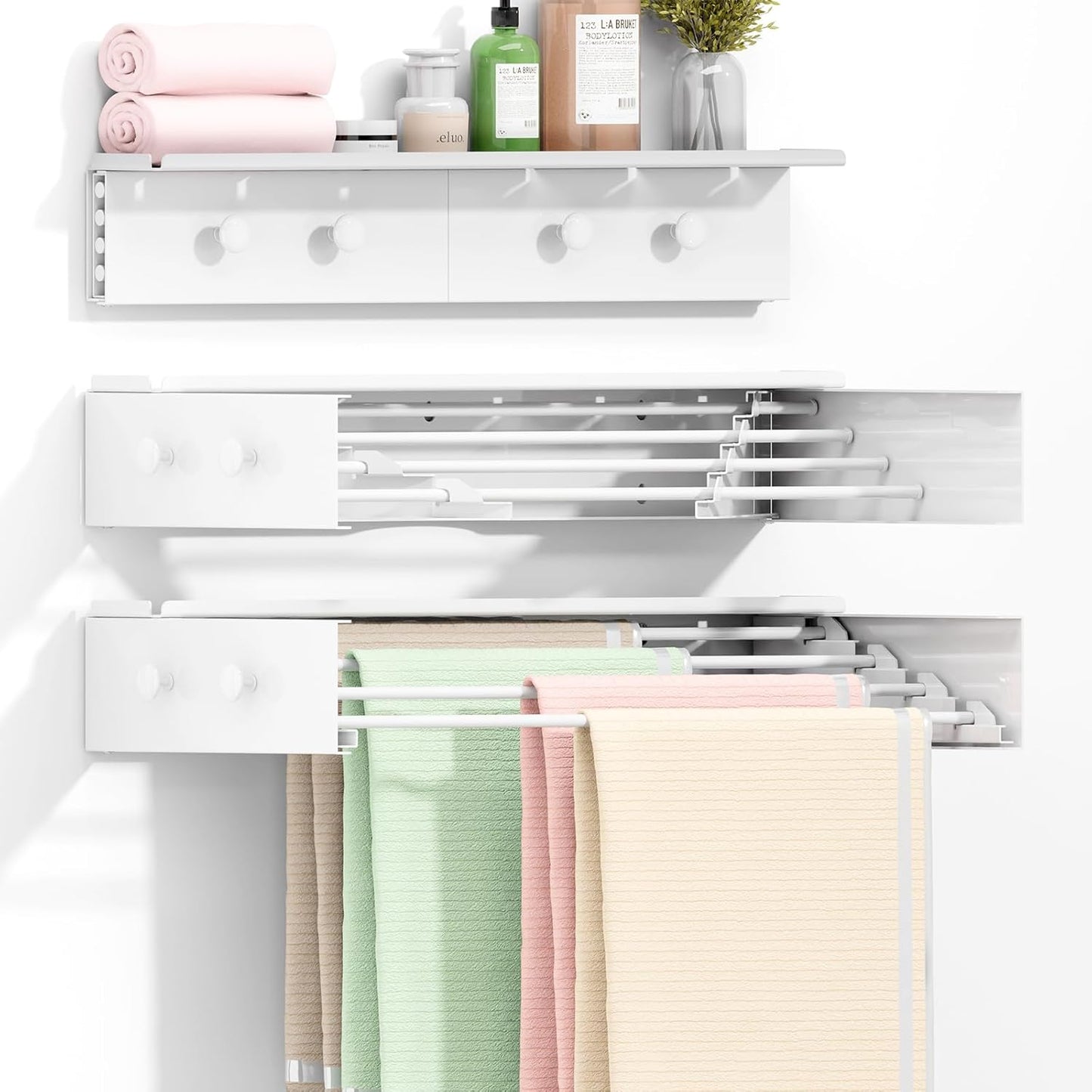 Wall Mounted Drying Rack with 4 Hooks and Shelf, Foldable Clothes Drying Rack for Laundry Room, Collapsible Laundry Rack Wall Mount, for Indoor Outdoor Hanging Clothes, 23.6 Inch - NestledHome