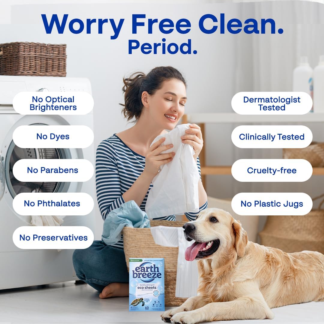 Earth Breeze Laundry Detergent Sheets Fresh Scent - 180 Loads Eco Liquidless Soap - Travel-Friendly for Hot & Cold Cycles, Tackles Tough Stains & Odors - Gentle on Skin, 90 Ct (3 Pack) - NestledHome