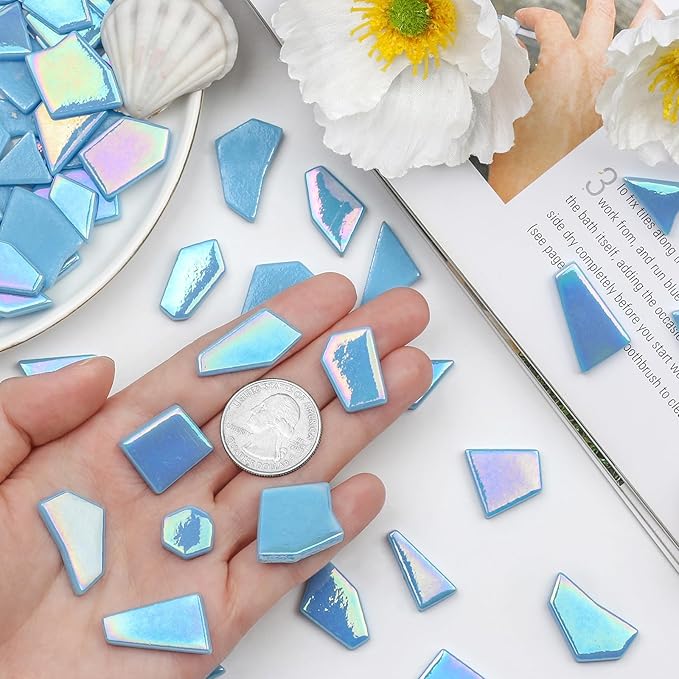 Youway Style Iridescent Glass Mosaic Tiles for Crafts Bulk,200g Blue Broken Mosaic Glass Pieces for Garden Crafts Kits,DIY Mosaic Art Decor