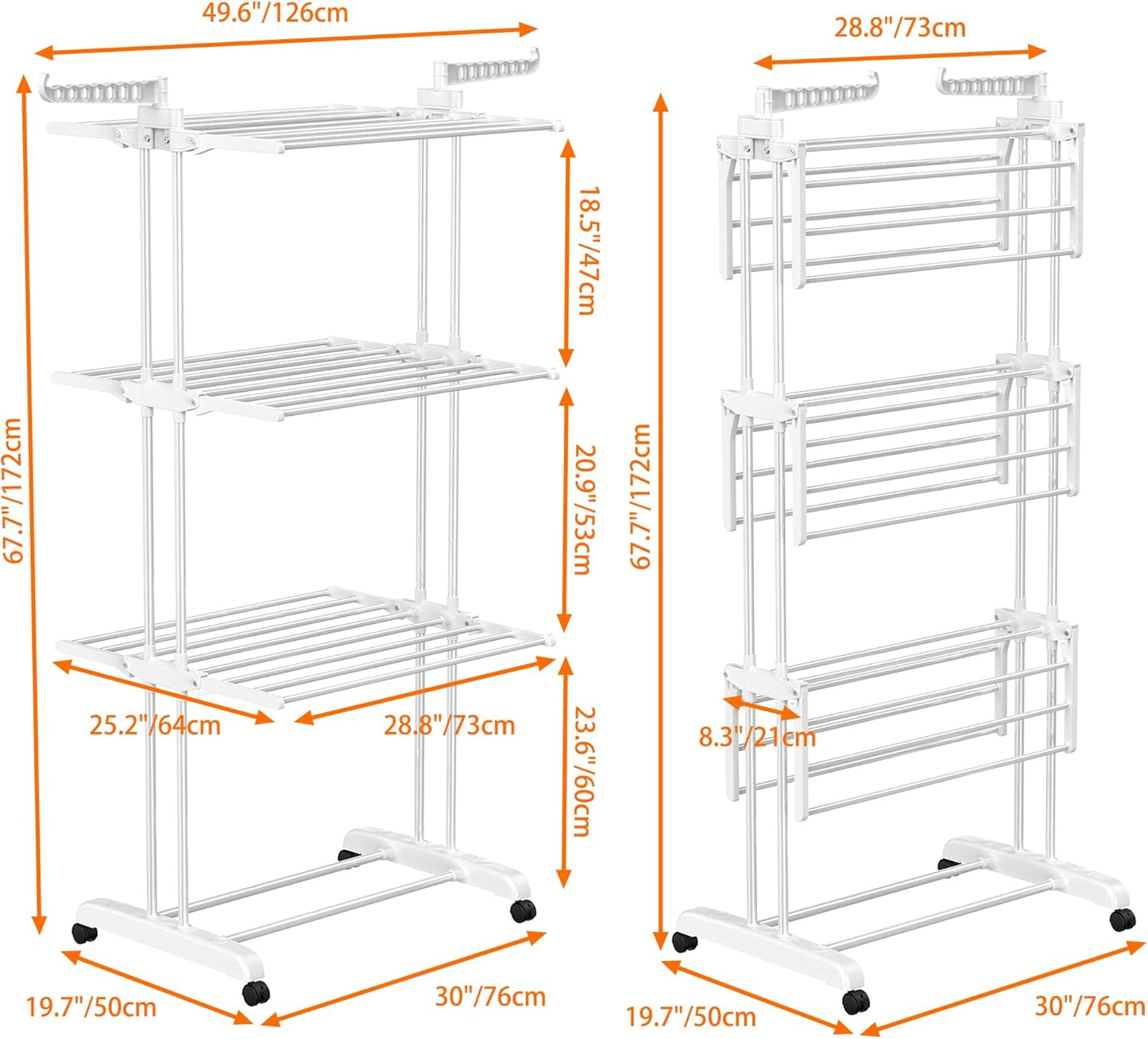 HOMIDEC Clothes Drying Rack, Large 4-Tier Foldable Drying Rack Clothing(67.7H x 19.7W x 30L Inches), Movable Drying Rack with 4 castors. Multifunctional Stainless Steel Laundry Drying Rack, White - NestledHome