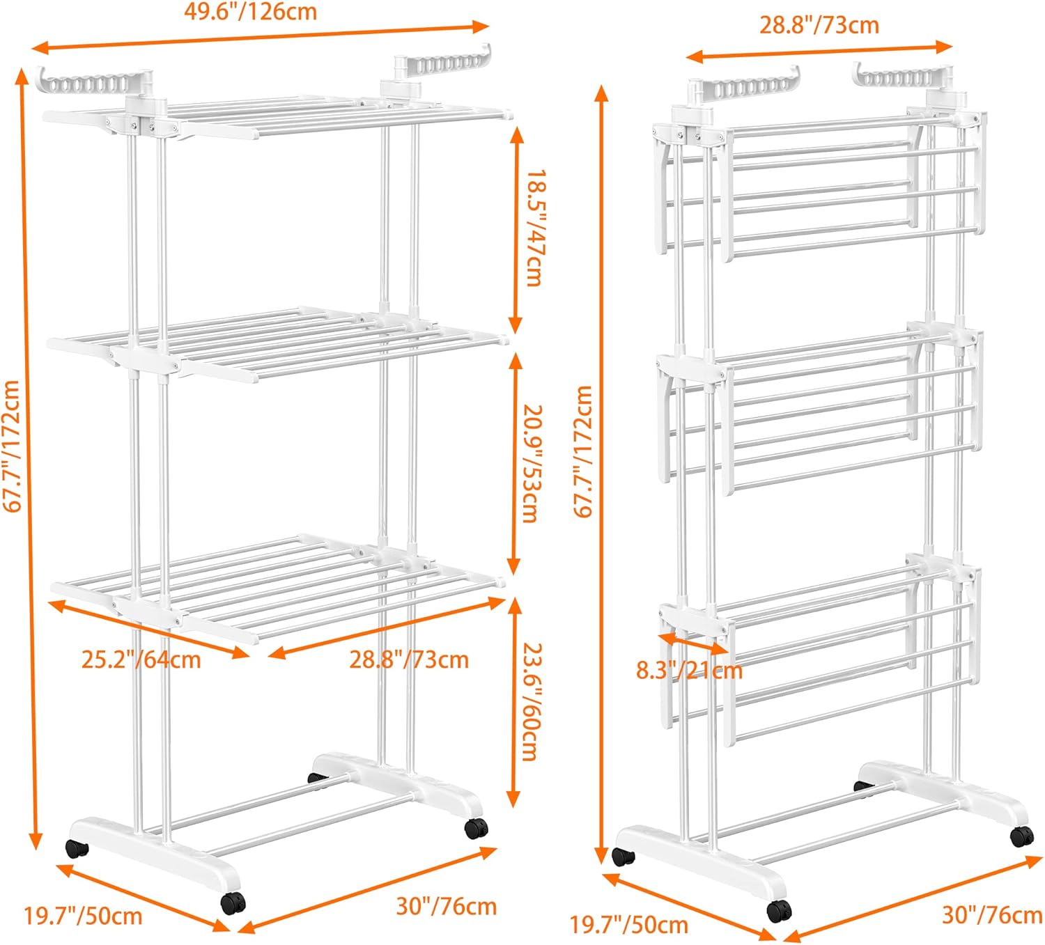 HOMIDEC Clothes Drying Rack, Large 4-Tier Foldable Drying Rack Clothing(67.7H x 19.7W x 30L Inches), Movable Drying Rack with 4 castors. Multifunctional Stainless Steel Laundry Drying Rack, White - NestledHome