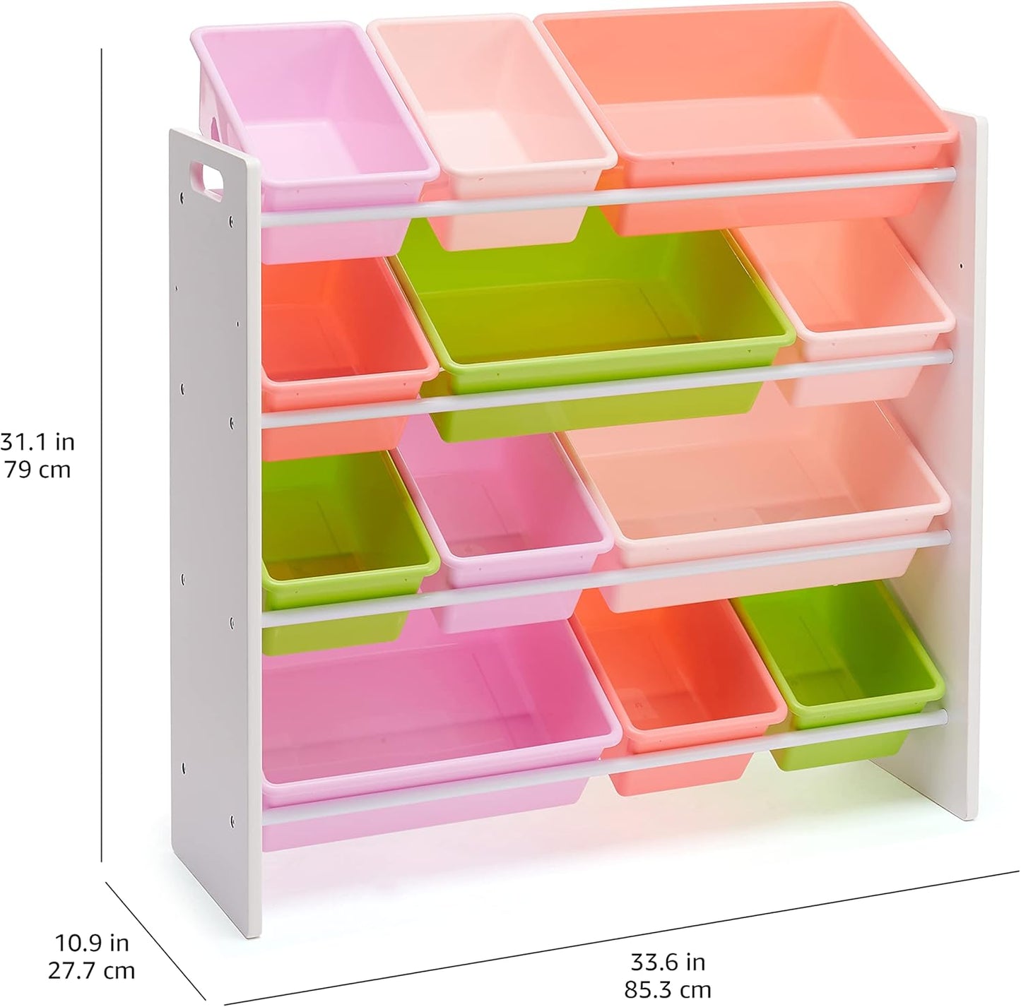 Amazon Basics Kids Toy Storage Organizer With 12 Plastic Bins, White Wood With Pink Bins, 10.9" D x 33.6" W x 31.1" H - NestledHome