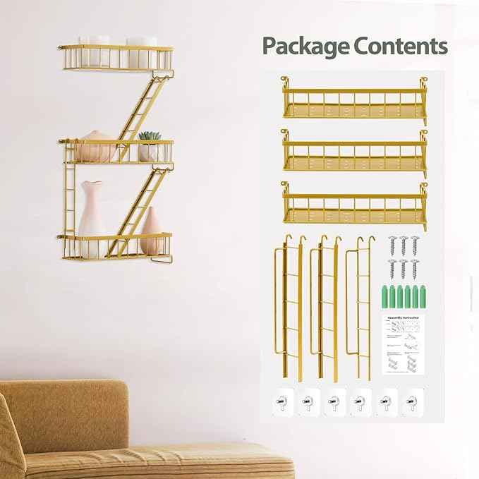 Fire Escape Wall Shelf Gold - New York Decorative Ladder Shelf, Metal Decorative Shelving for Living Room, Home Décor, Action Figure Display (3-Tier)