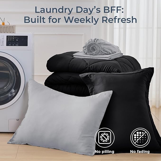 HEVUMYI Twin Comforter Set - 5-Piece All Season Bed in a Bag Twin, Ultra Soft Bedding Set with Comforter, Flat Sheet, Fitted Sheet, Pillowcases, Pillow Shams, Black & Light Grey