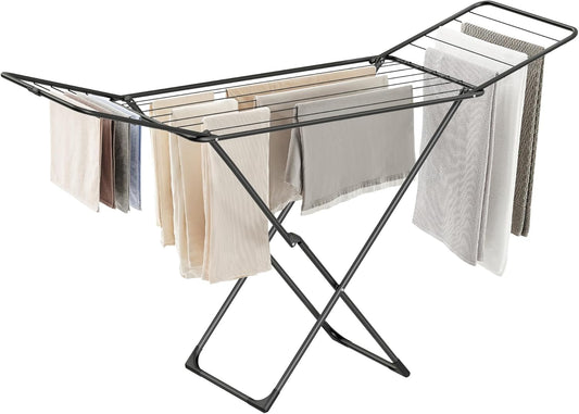 SONGMICS Clothes Drying Rack, Metal Laundry Drying Rack, Foldable, Space-Saving, Free-Standing Airer, with 2 Gullwings, Indoor Outdoor Use, Bed Linen Clothing, Black ULLR540B01 - NestledHome