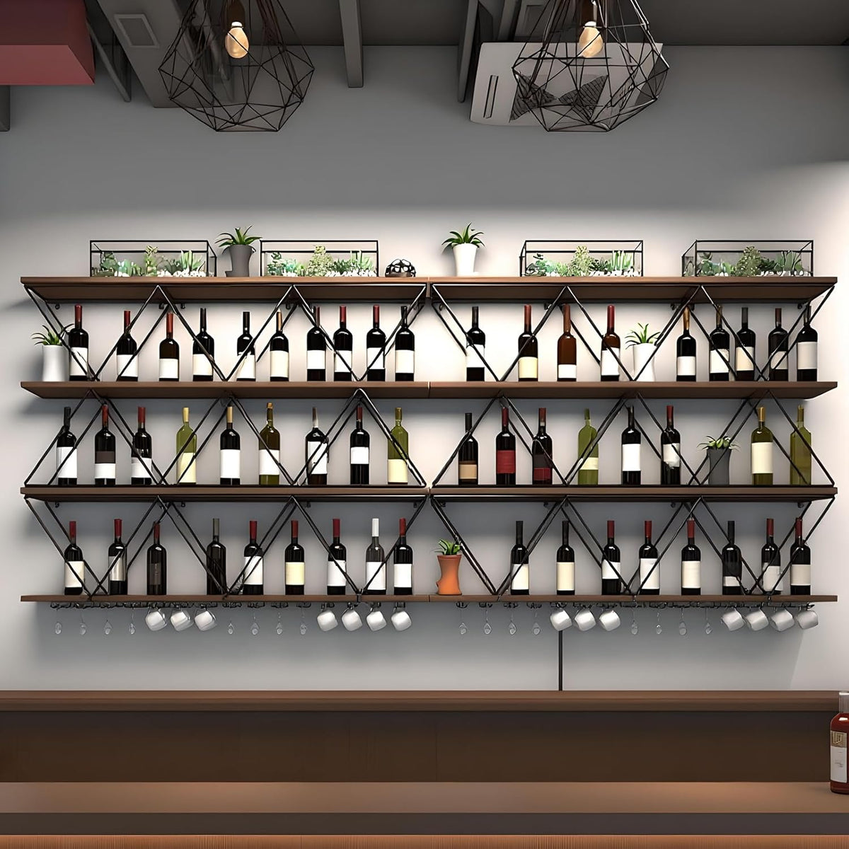 59in Wine Rack Wall Mount with Glass Holder, 3-Tier Floating Wine Rack, Multi-Function Bar Wine Bottle Display Rack for Commercial Restaurants, Tea Rooms, Bars, Wine Cellars (black, 59.05in/150cm)