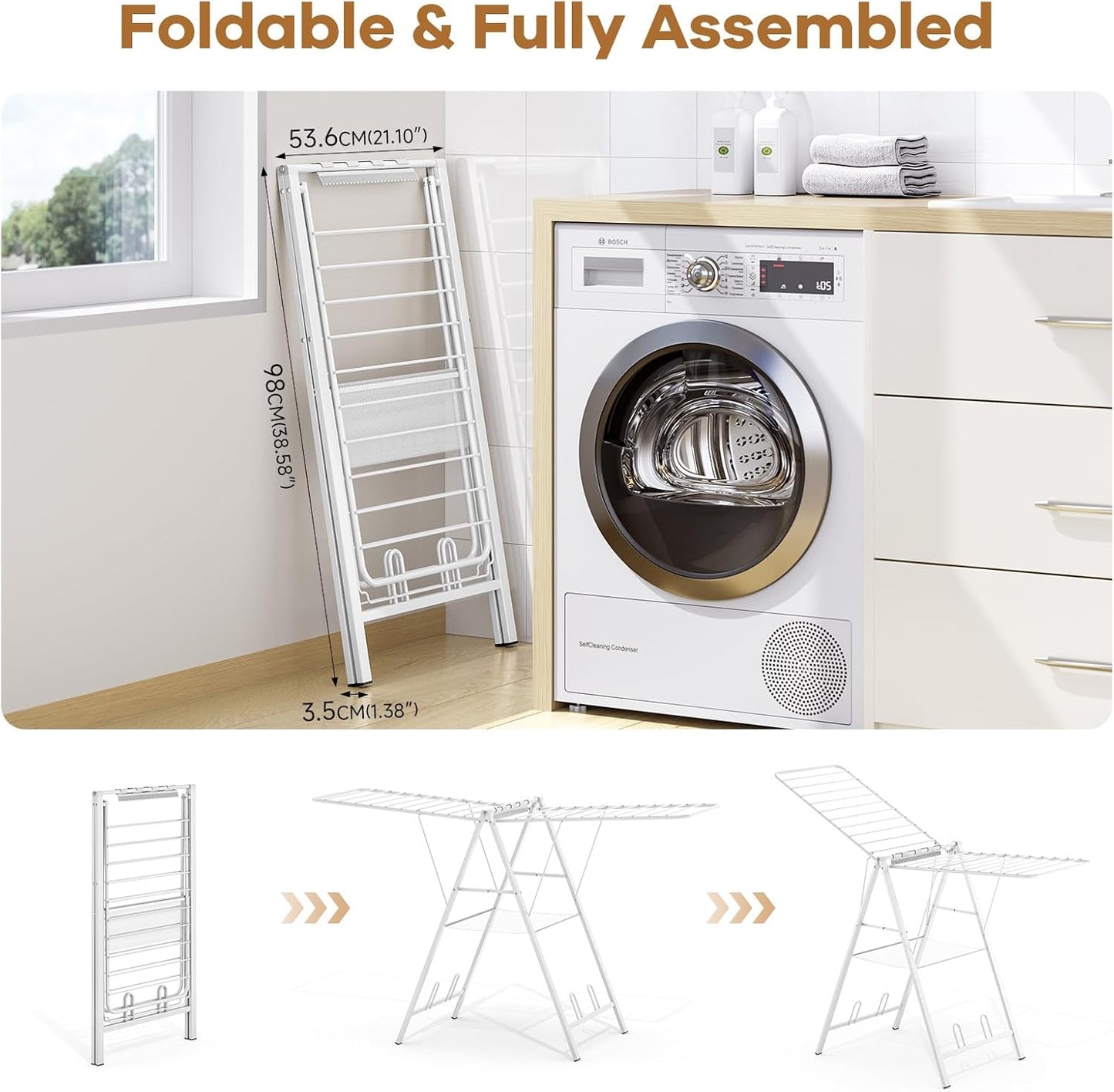 APEXCHASER Drying Rack for Clothing Foldable, Metal Laundry Rack Collapsible, Ultra Thin Gullwing Clothes Airer with Adjustable Height for Towel Baby Clothes Indoor Outdoor Laundry Room, White - NestledHome