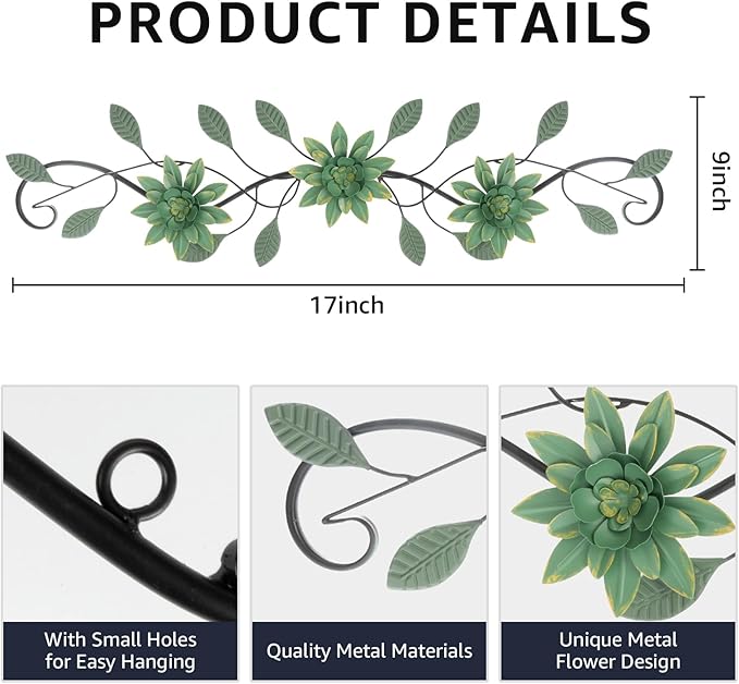 KHJCXS Metal Wall Art Modern Minimalist Metal Flowers Indoor Decor Horizontal Wall Art Iron Artwork,for Over Door,Bedroom,Living Room,Kitchen,Office Scroll Decor(Green)