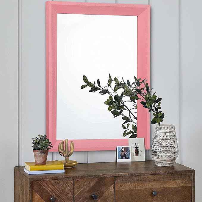 AAZZKANG Rectangle Mirror with Wood Frame Modern Farmhouse Wall Mirrors Decor Large 26"x18" for Bedroom Bathroom Living Room Pink
