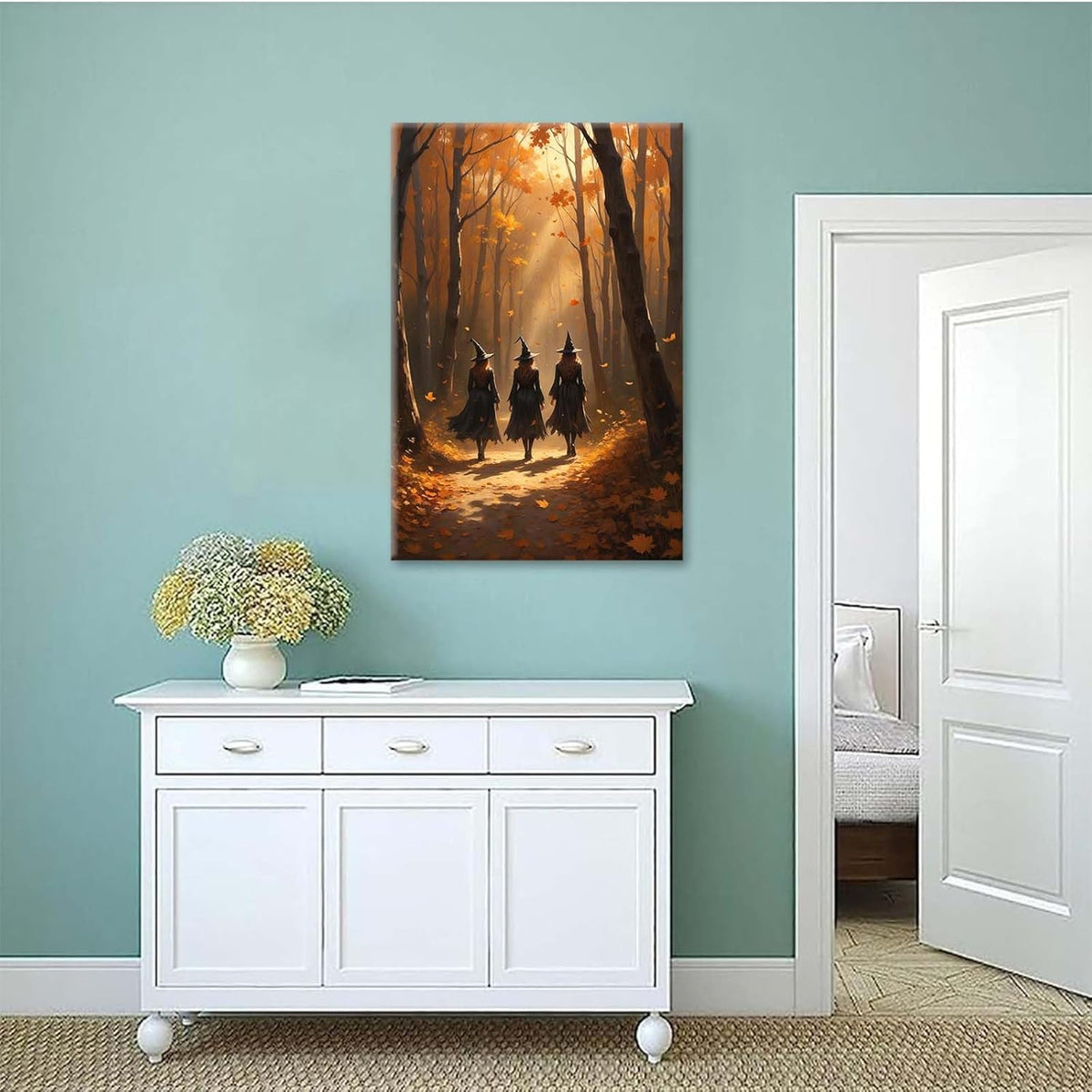 JFHCQJPK Three witches walking in the forest in autumn canvas painting gothic poster halloween print country witch wall art for home decoration12x16in Frameless