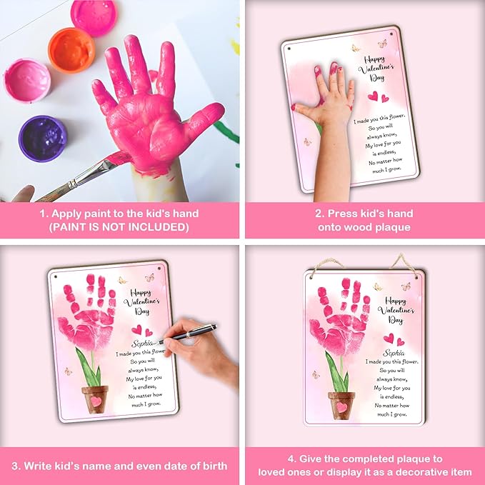 DIY Baby's First Valentine's Day Pink Flower Handprint Hanging Sign, Kids First Valentine Handprint Art Craft Keepsake Gifts for New Mom Dad, My 1st Valentine Crafts, Baby Milestone Announcement Props