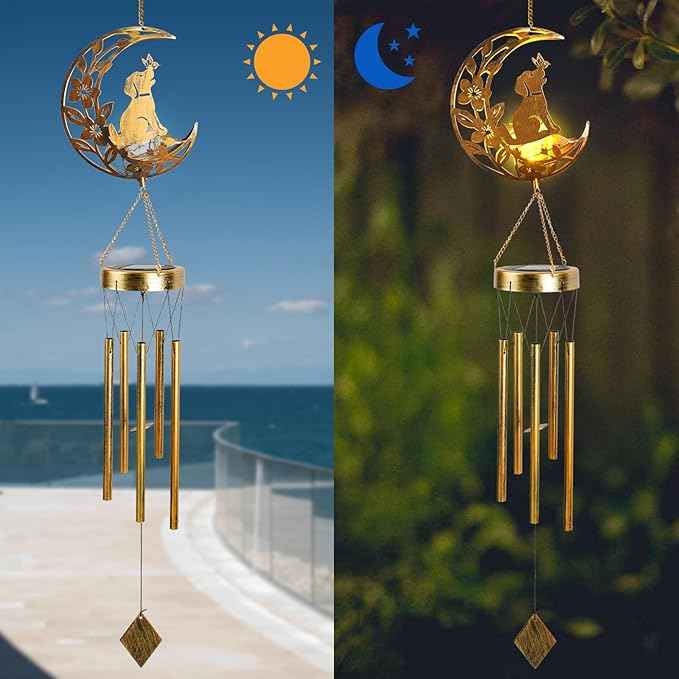 Moon Dog Wind Chime Outdoor, Handcrafted Metal Garden Wind Chimes with Dog & Moon Charms, Soothing Wind Bells for Patio Porch Decor, Weatherproof Gift for Lovers & Pet Owners