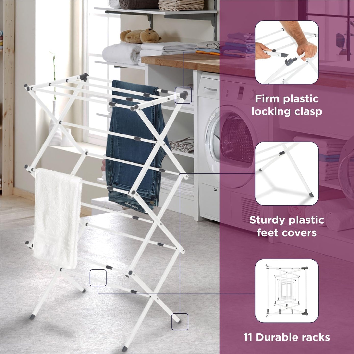 BLACK+DECKER 3 Tier Expandable Collapsing Foldable Laundry Rack for Air Drying Clothing, Space Saving Heavy Duty Lightweight Metal Drying Rack(White) - NestledHome