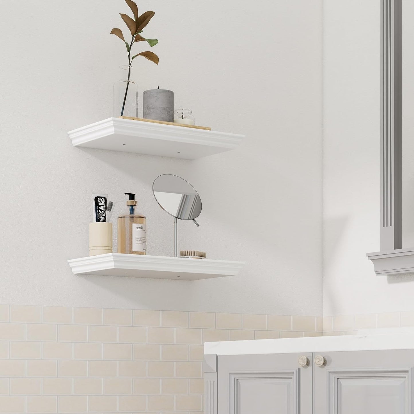 Floating Shelves for Wall, 16 Inch Wall Mounted White Hanging Shelf for Kitchen, Living Room, Office, Bedroom, Bathroom, Retro Vintage Wood Bookshelf for House Decor - NestledHome