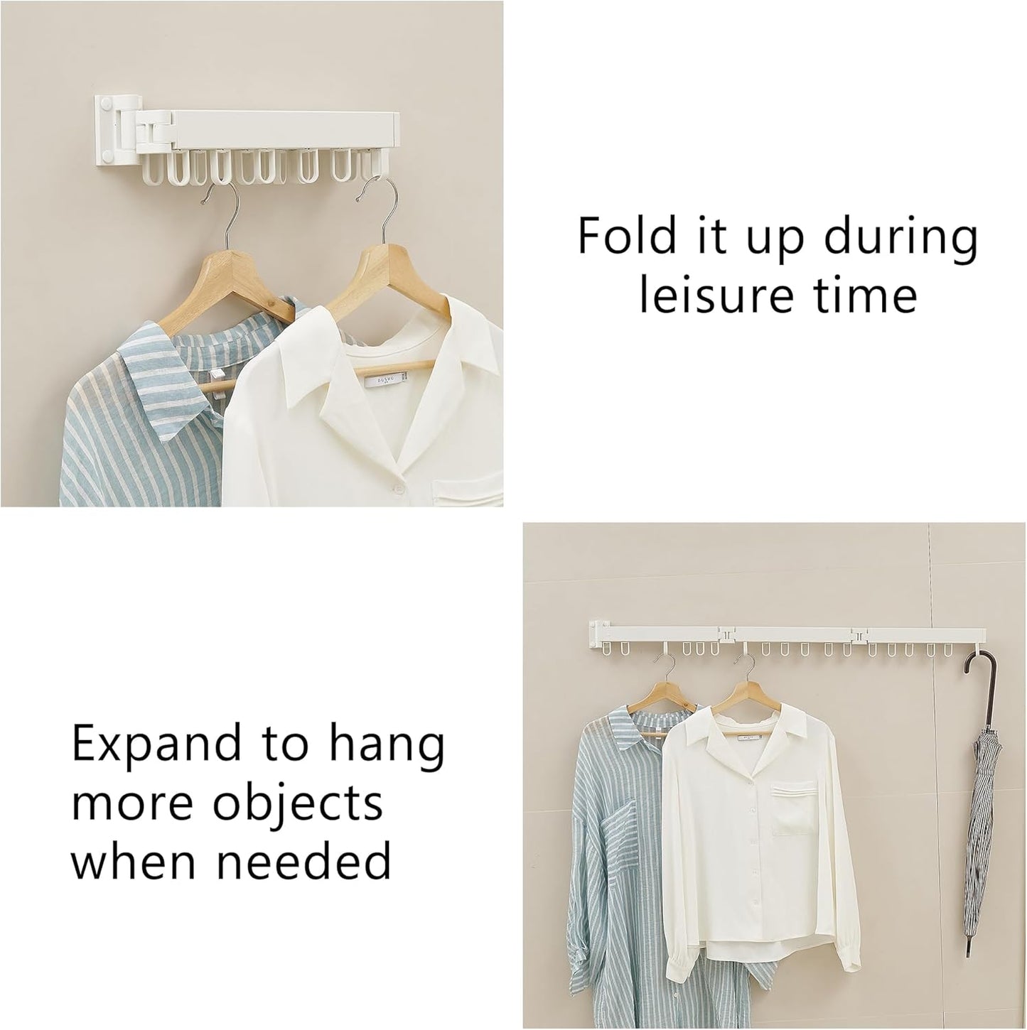 Clothes Drying Rack Wall Mounted, Laundry Drying Rack Collapsible, Space Saving Wall Drying Rack Clothing Foldable, Tri-Fold Retractable Rack Outdoor Indoor with 18 Hooks(White，Loop-Shape Hooks) - NestledHome