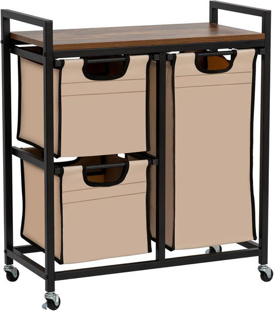 Laundry Basket Organizer - Hampers with 3 Compartments, Sliding Laundry Sorter Bags, Top Storage Shelf, Metal Frame - NestledHome