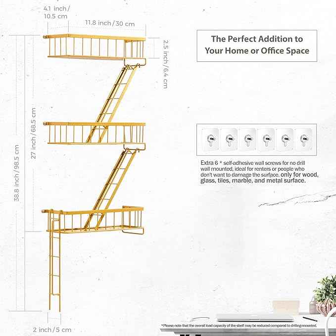 Fire Escape Wall Shelf Gold - New York Decorative Ladder Shelf, Metal Decorative Shelving for Living Room, Home Décor, Action Figure Display (3-Tier)