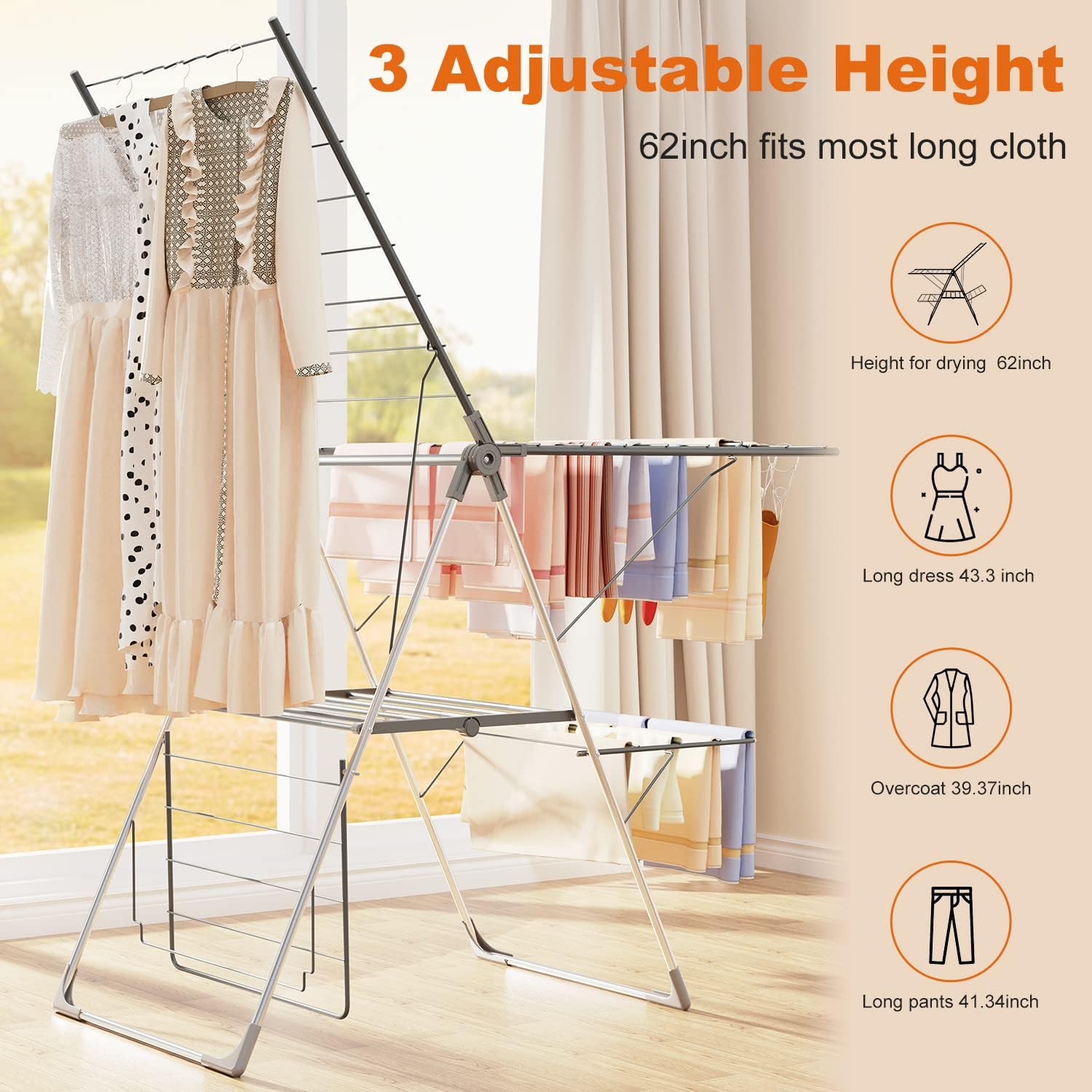 Bigzzia Clothes Drying Rack Foldable, 2-Level Large Laundry Drying Rack Collapsible, Stainless Steel Drying Rack Clothing for Indoor Outdoor, Easy to Fold, 33 Drying Rails, 142cm, Gray - NestledHome