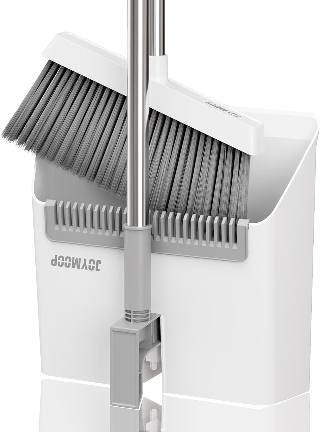 JOYMOOP White Broom and Dustpan Set, Upright Angle Design with Built-in Comb Teeth for Kitchen, Office, Pet Hair, Hard Floors - NestledHome