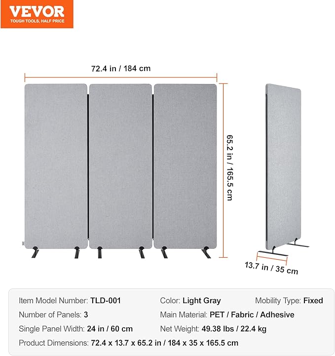 VEVOR 2FT Room Divider, 3 Panel PET Polyester Soundproof Room Screen, Folding Privacy Divider Portable Partition Divider for Room Separation, Freestanding Room Partitions for Office Study, Grey