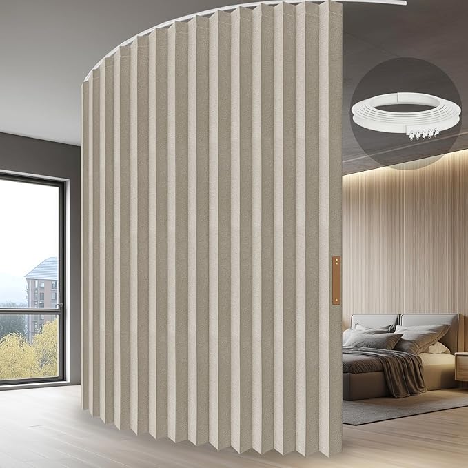 Accordion Partition Curtain with Ceiling Track - Space-Saving Room Divider, Tool-Free Installation(Off-White 100" W x 84" L-Pack of 1)