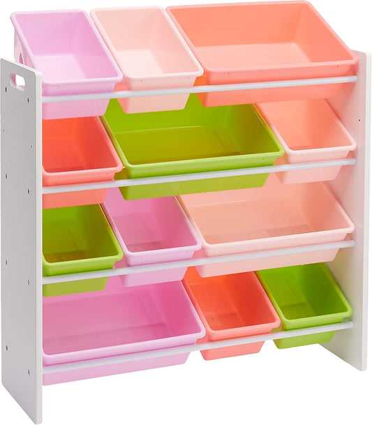 Amazon Basics Kids Toy Storage Organizer With 12 Plastic Bins, White Wood With Pink Bins, 10.9" D x 33.6" W x 31.1" H - NestledHome