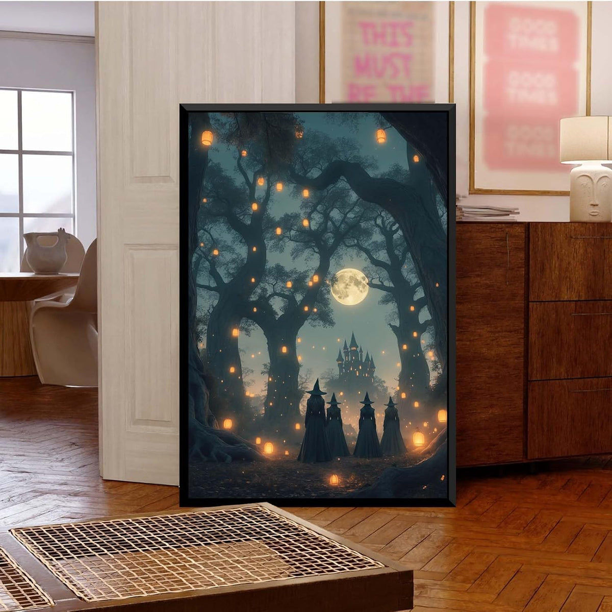 JFHCQJPK Mysterious creek painting witch and castle in magic forest art print canvas gothic print dark college decoration poster for home bedroom16x24in Metal blackFramed
