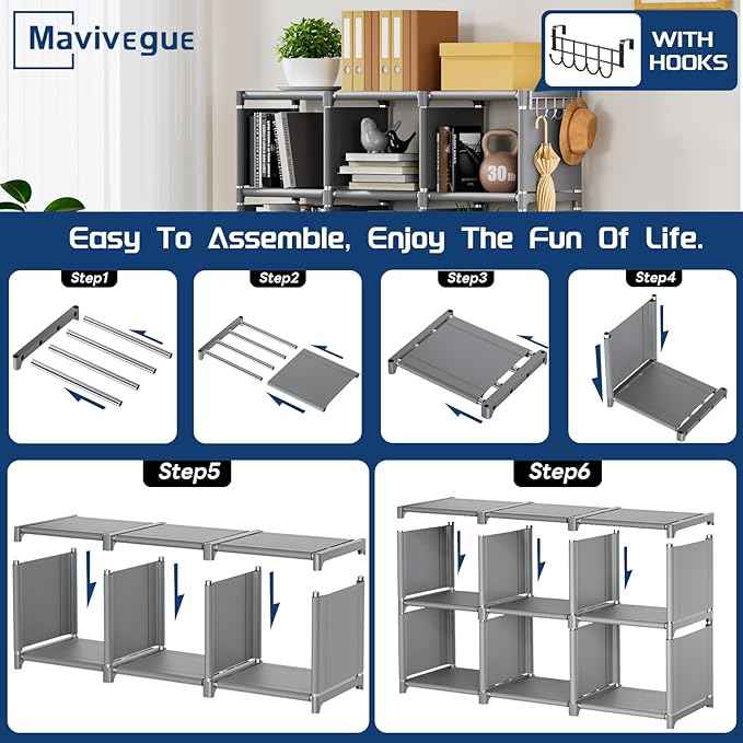 Mavivegue Book Shelf, 12 Cube Storage Organizer, DIY Bookcase, Metal Cube Bookshelf,Tall Book case for Bedroom, Living Room,Office,Closet Storage Organizer, Grey Cubicle Storage Rack