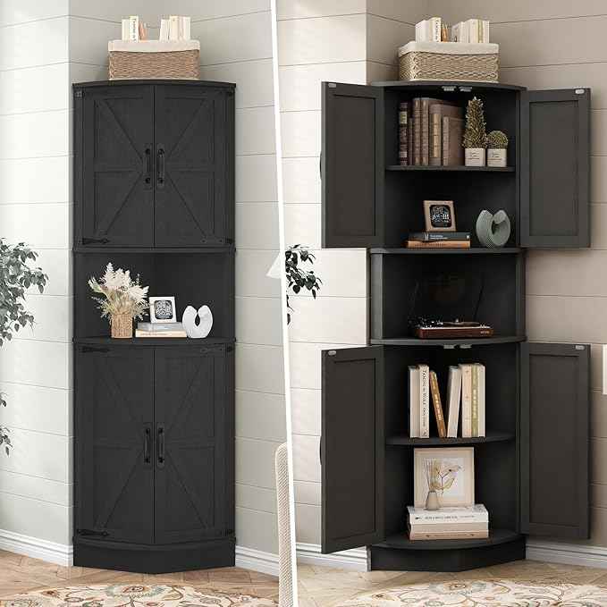 Vabches 64.8" Tall Farmhouse Corner Cabinet with 4 Doors and 5 Storage Shelves, Farmhouse Storage Cabinet with Barn Door Design, Home Space Saver for Living Room, Kitchen, Laundry Room,Black