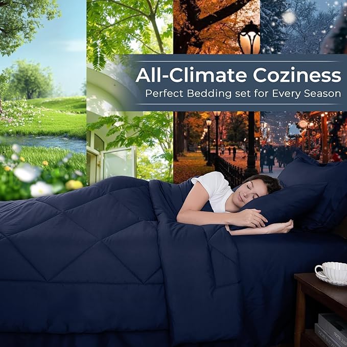 HEVUMYI Navy Blue Twin-XL Comforter Set - 5-Piece All Season Bed in a Bag Twin-XL, Ultra Soft Bedding Set with Comforter, Flat Sheet, Fitted Sheet, Pillowcases, Pillow Shams, Navy Blue