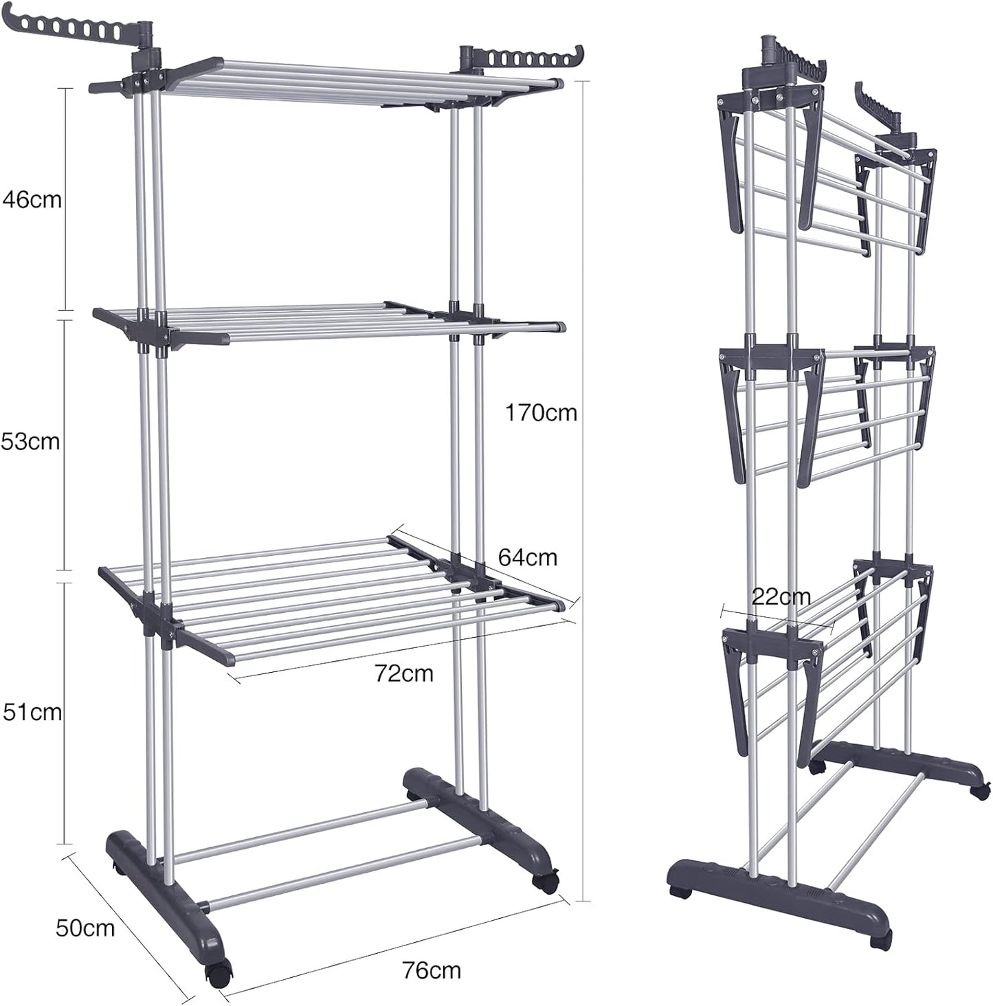 Bigzzia Clothes Drying Rack Folding Drying Rack Clothing 4 Tier Clothes Horses Rack Stainless Steel Laundry Drying Rack with Two Side Wings Grey - NestledHome
