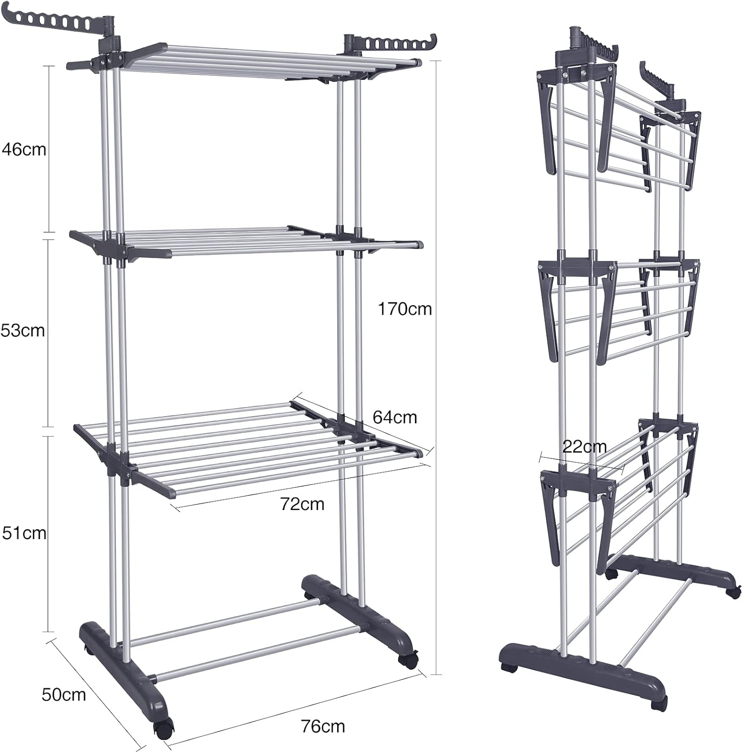 Bigzzia Clothes Drying Rack Folding Drying Rack Clothing 4 Tier Clothes Horses Rack Stainless Steel Laundry Drying Rack with Two Side Wings Grey - NestledHome